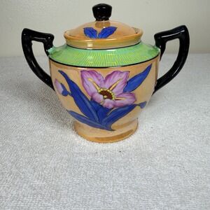 VTG Japanese Porcelain Lusterware Sugar Bowl Handpainted Floral Motifs 1920-50's